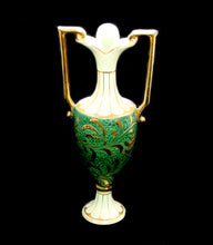 Load image into Gallery viewer, Vintage stunning ceramic cream &amp; green gilded tall handled decanter urn vase
