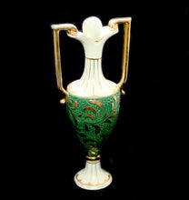 Load image into Gallery viewer, Vintage stunning ceramic cream &amp; green gilded tall handled decanter urn vase
