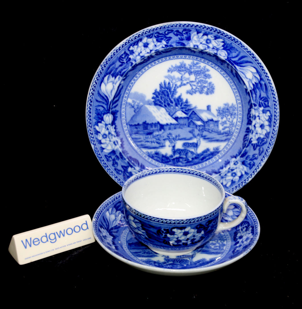 Antique Wedgwood Fallow Deer flow blue teacup trio set (read description)