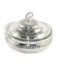 Load image into Gallery viewer, Vintage ornate large silver plated lidded serving bowl with Pyrex glass liner

