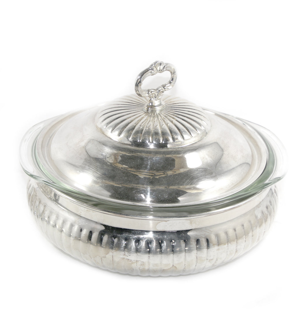 Vintage ornate large silver plated lidded serving bowl with Pyrex glass liner