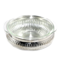 Load image into Gallery viewer, Vintage ornate large silver plated lidded serving bowl with Pyrex glass liner
