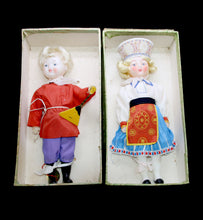 Load image into Gallery viewer, Vintage pair of tall boy and girl RUSSIAN dolls in national folk costume (in boxes)
