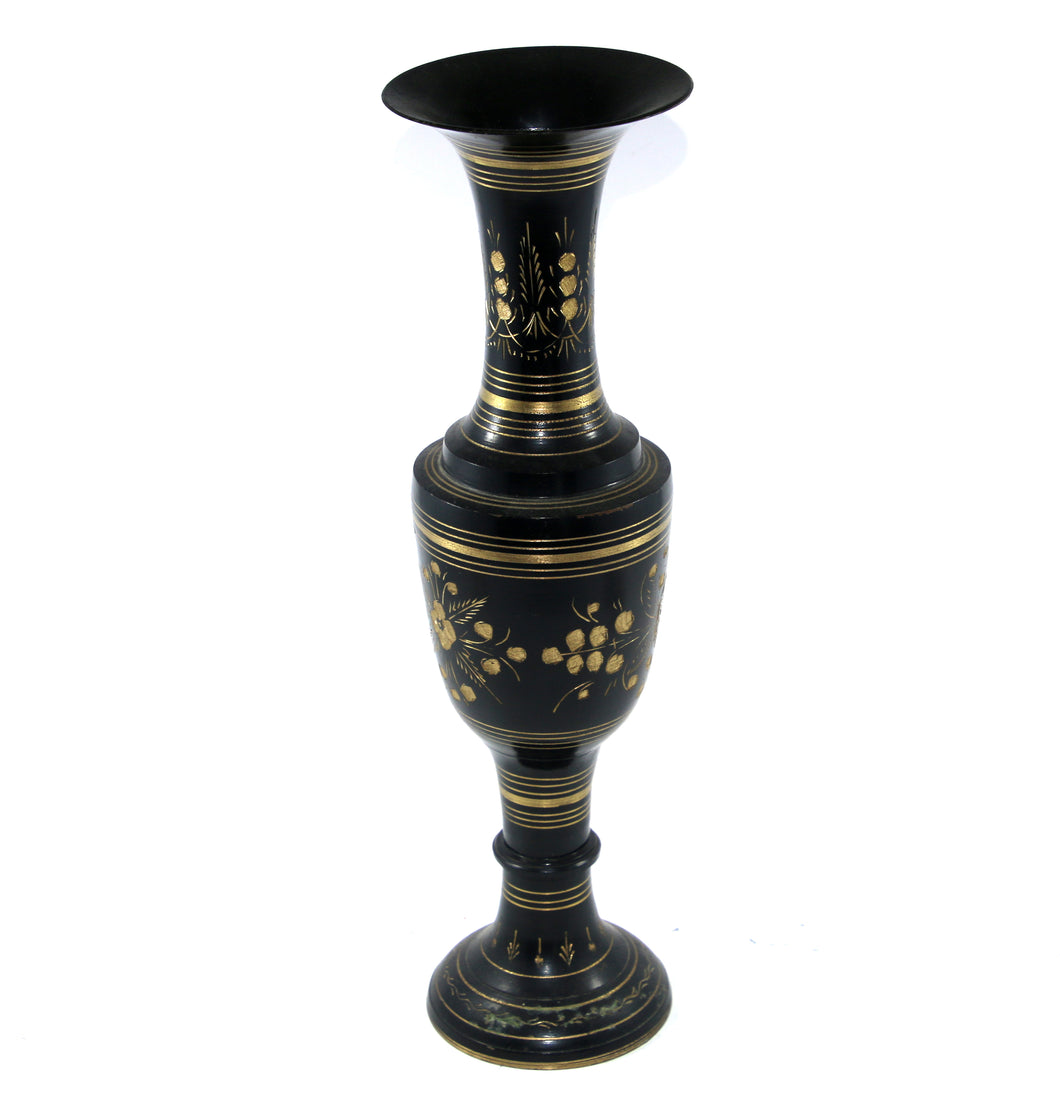 Vintage tall black metal vase with etched gold detail CLASSIC