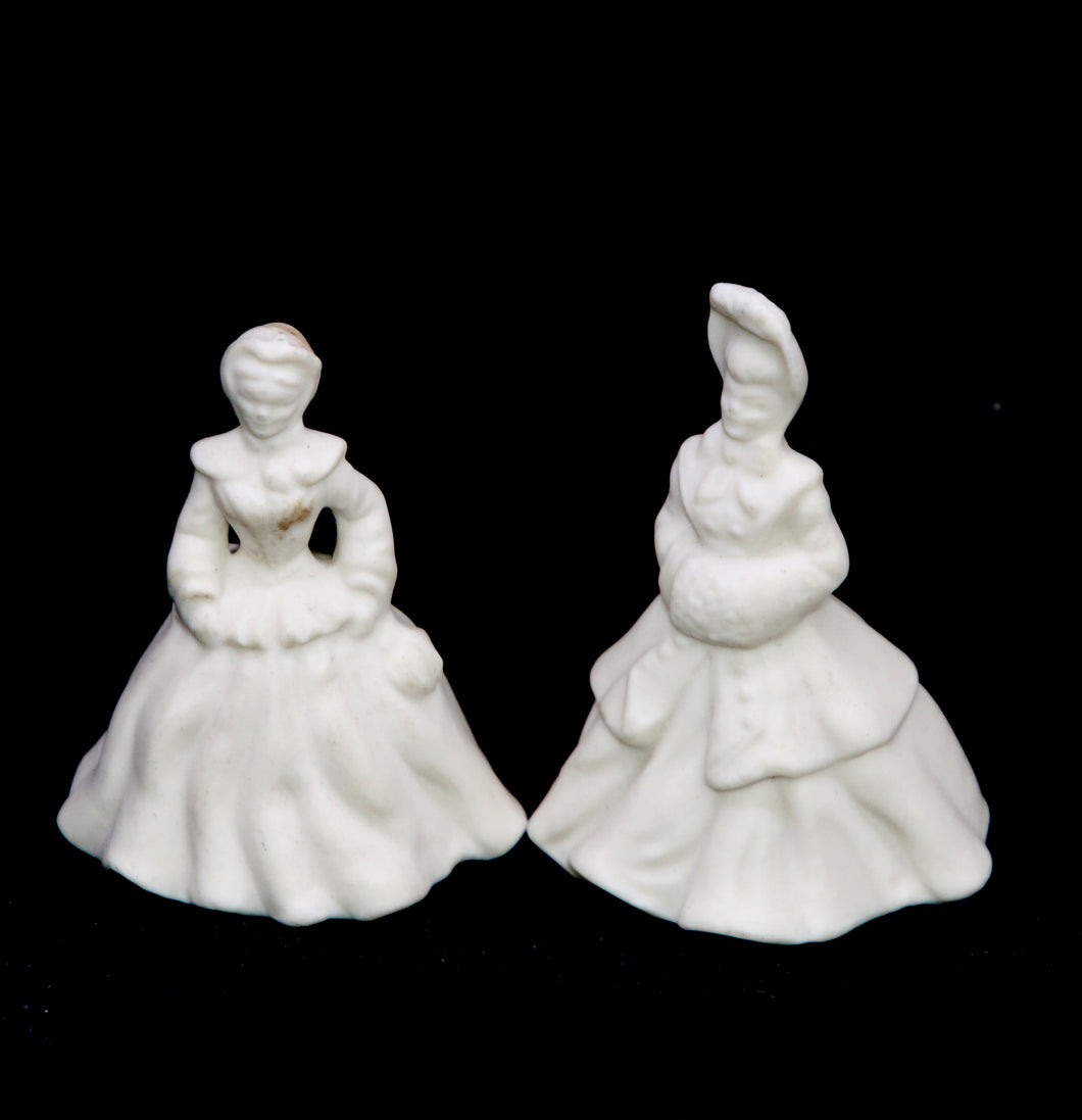 Vintage pair of miniature crinoline lady bisque china figurines