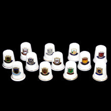 Load image into Gallery viewer, Vintage group of 12 bone china thimbles with castle crest enamel detail
