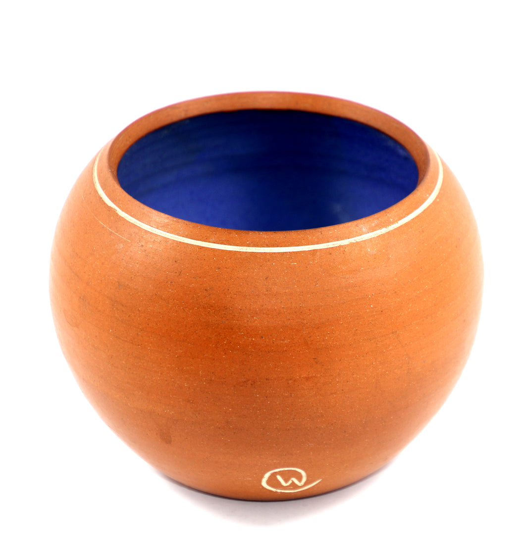Vintage Australian terracotta pottery bowl with blue glazed inside marked CW