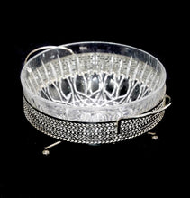 Load image into Gallery viewer, Vintage sparkly glass bowl in silver plated three footed holder basket
