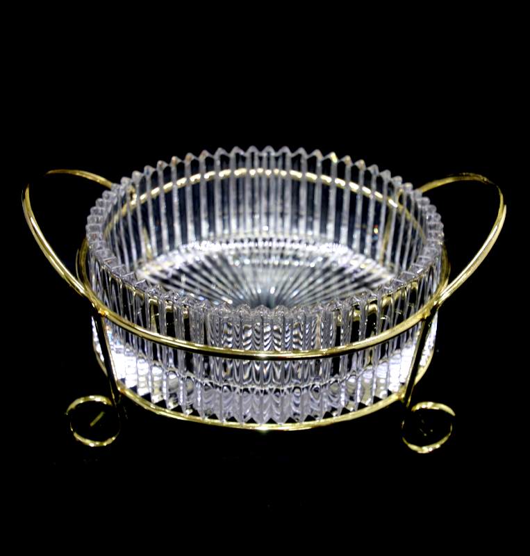 Vintage exquisite crystal sun rays bowl in gold tone metal holder