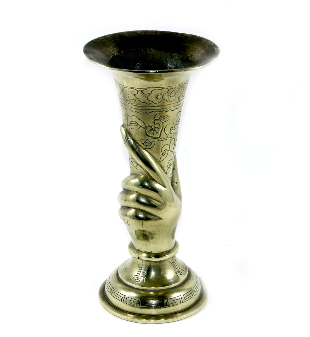 Vintage solid heavy brass ornate and engraved left hand vase STUNNER!