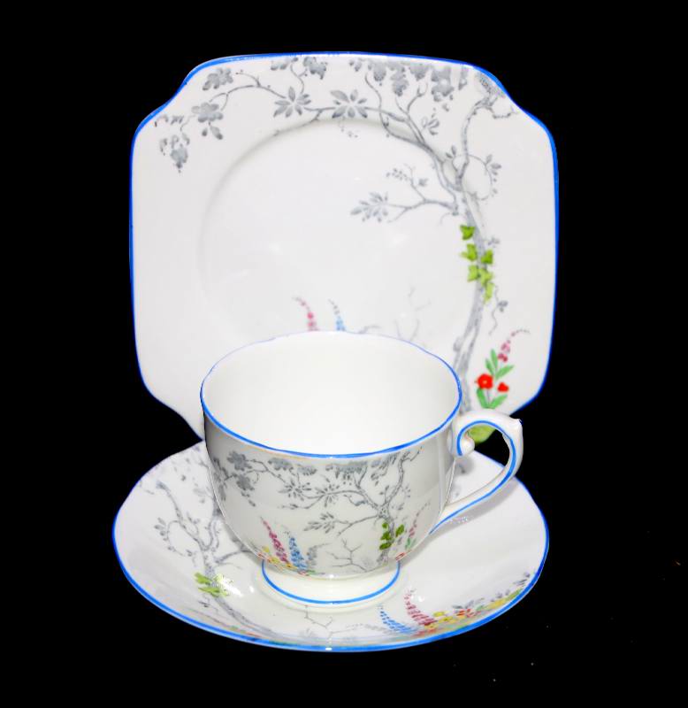 Vintage Salisbury Stuart English bone china hand coloured teacup trio