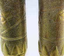 Load image into Gallery viewer, Antique pair of WW1 large Trench Art pinched shell case ivy leaves vases
